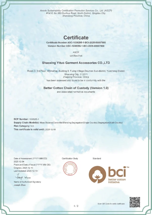 Better Cotton Initiative Certificate